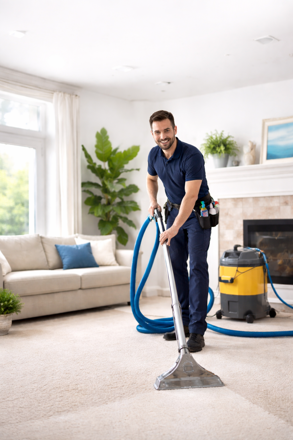 Professional Eco Clean technician cleaning carpet in a bright home